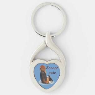 Cute puppy beagle cuddling mom dog keychain