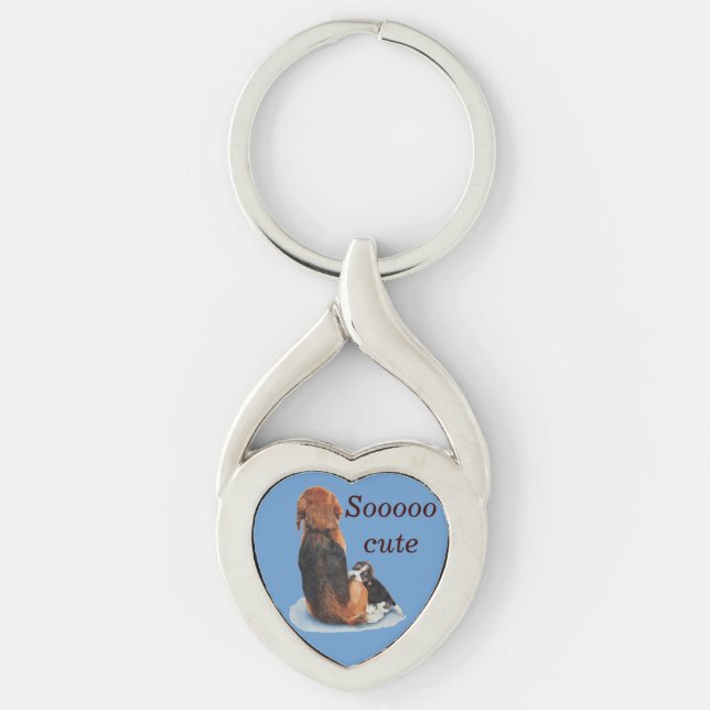 Cute puppy beagle cuddling mom dog keychain (Front)