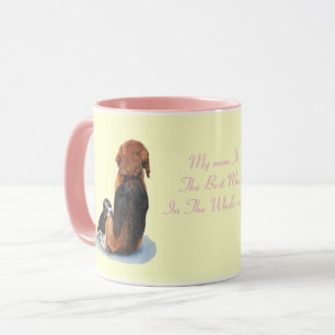 Cute puppy beagle cuddling mom dog mug