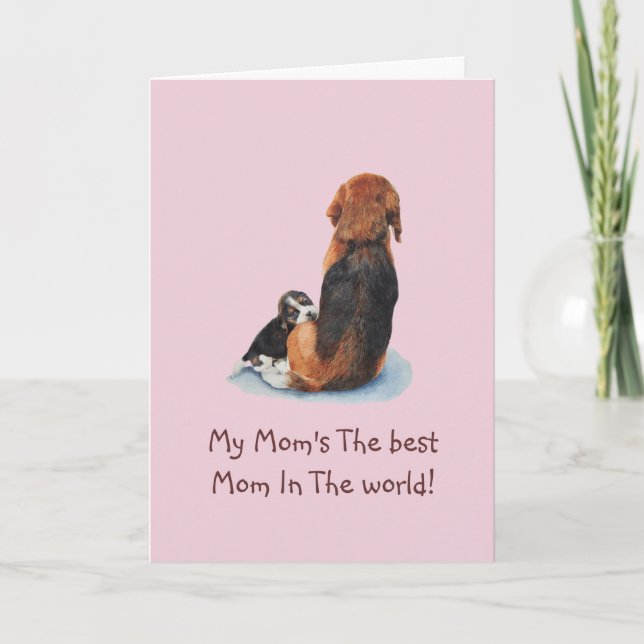 Cute puppy beagle cuddling mom dog with verse card (Front)