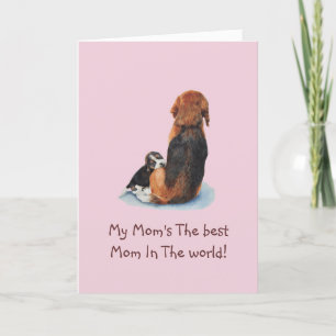 Cute puppy beagle cuddling mom dog with verse card