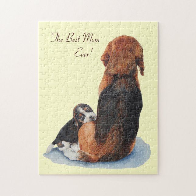 Cute puppy beagle cuddling mom jigsaw puzzle (Vertical)