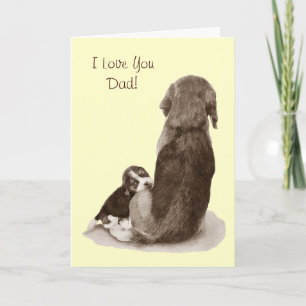 Cute puppy beagle cuddling mum dog for dad card