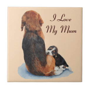 cute puppy beagle cuddling mum dog with slogan tile
