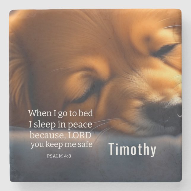 Cute Puppy Bible Psalm 4:8 Stone Coaster (Front)