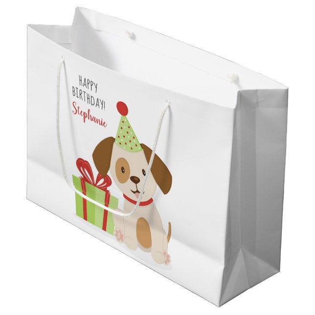 Cute Puppy Birthday Large Gift Bag (Front Angled)