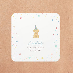 Cute Puppy Birthday Pawty Blue Square Sticker