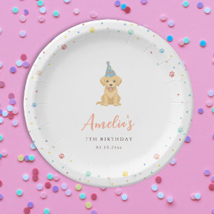 Cute Puppy Birthday Pawty Pink Paper Plate