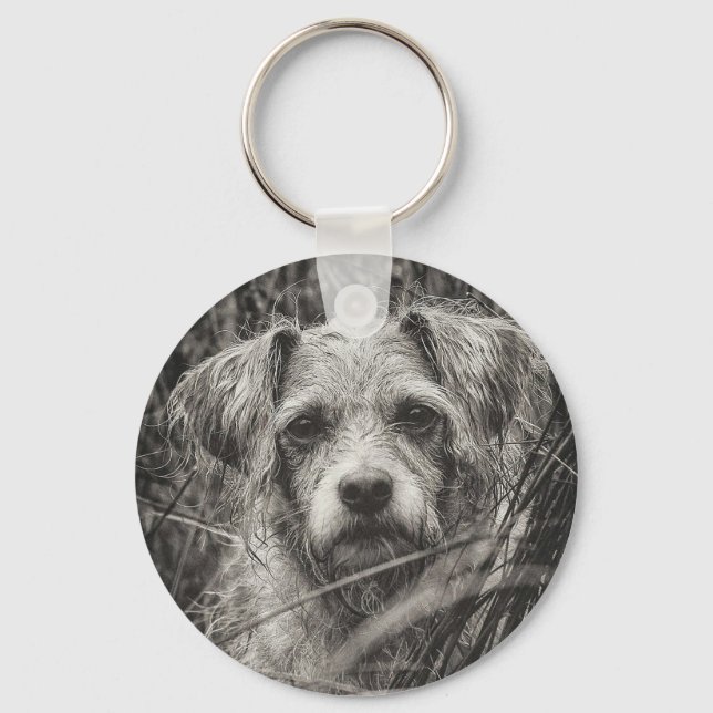 Cute Puppy Black and Whie Portrait Photograph Keychain (Front)