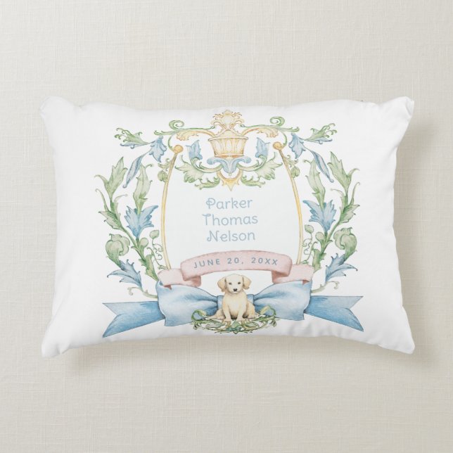 Cute Puppy Blue Ribbon Crest | Baby Boy Accent Pillow (Front)