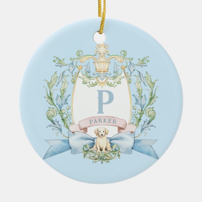 Cute Puppy Blue Ribbon Crest | Baby Boy Ceramic Ornament (Front)