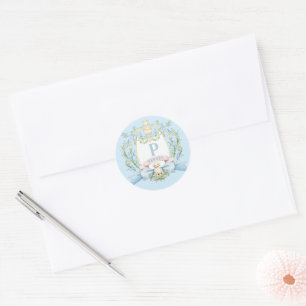 Cute Puppy Blue Ribbon Crest   Baby Boy Classic Round Sticker