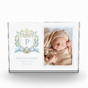 Cute Puppy Blue Ribbon Crest Baby Boy Wall Art Photo Block