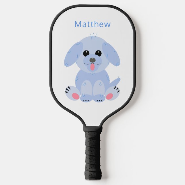 Cute Puppy Cartoon Dog Personalized Pastel Blue Pickleball Paddle (Front)