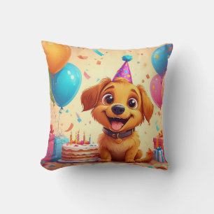 Cute Puppy Celebrating Birthday Party With Cake Throw Pillow