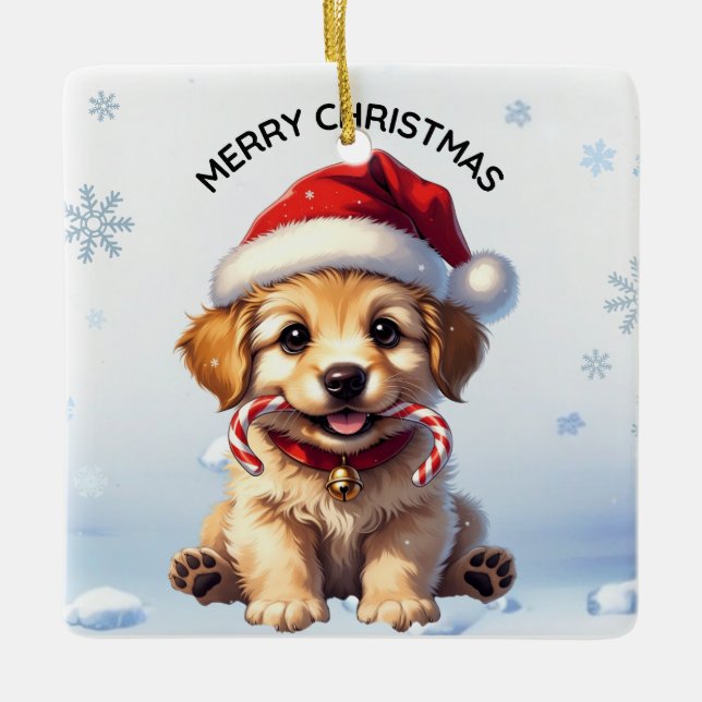 Cute Puppy Christmas Golden Retriever Holiday Ceramic Ornament (Front)