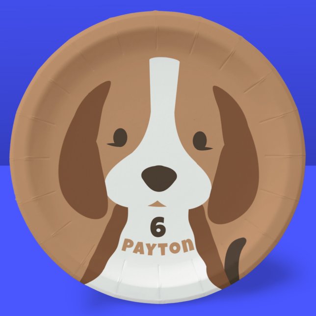 Cute Puppy Dog Age & Name Kid's Birthday Party Paper Plate (cute puppy dog paper party plate with custom name and age)
