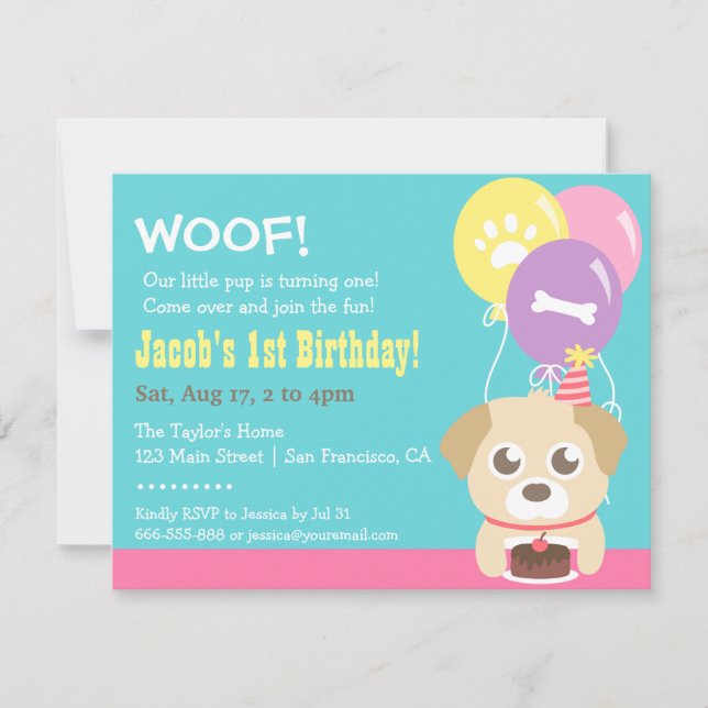 Cute Puppy Dog and Balloons Birthday Party Invitation (Front)