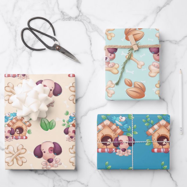 Cute Puppy Dog and Dog House Boy Wrapping Paper Sheet (Front)