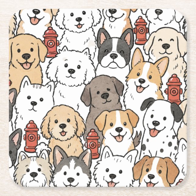 Cute Puppy Dog and Fire Hydrant Paper Coaster (Front)