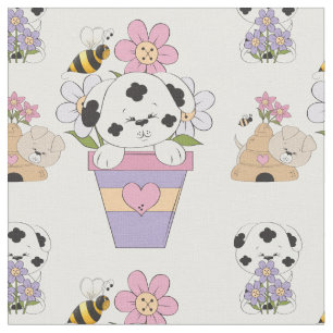 Cute Puppy Dog and Flowers Fabric