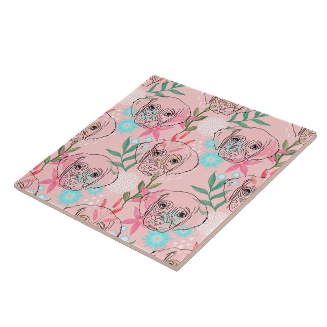 Cute Puppy Dog and Flowers Pink Creative Art Tile (Side)