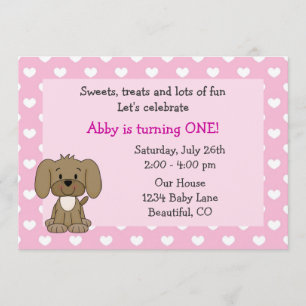 Cute Puppy Dog and Hearts Girls Pink 1st Birthday Invitation
