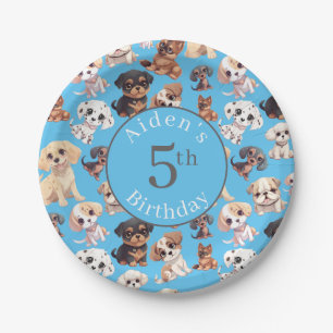 Cute Puppy Dog Birthday Blue Paper Plate