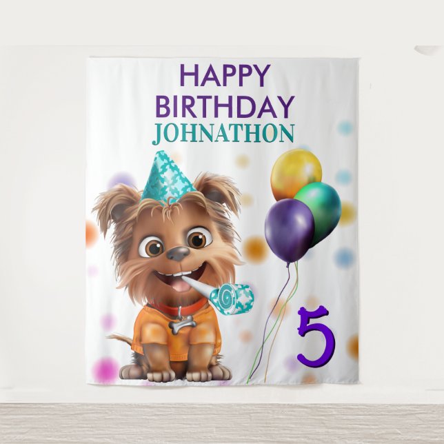 Cute Puppy Dog Birthday Party Backdrop Tapestry (Front)