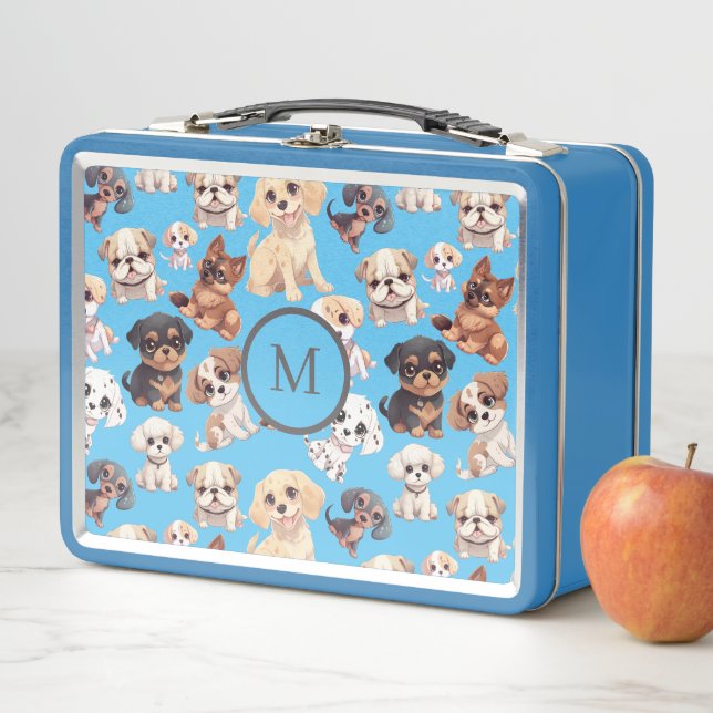Cute Puppy Dog Blue Metal Lunch Box (In Situ)