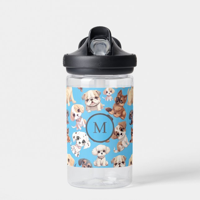 Cute Puppy Dog Blue Monogram Water Bottle (Front)