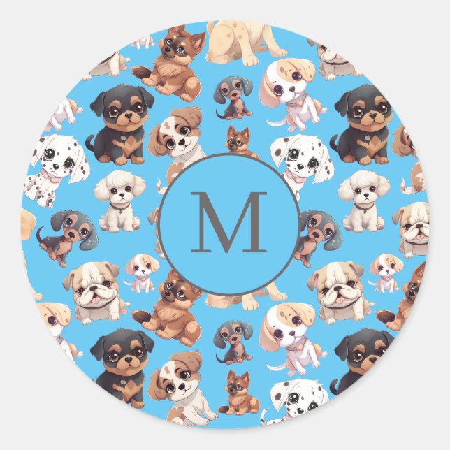 Cute Puppy Dog Blue Small Classic Round Sticker (Front)