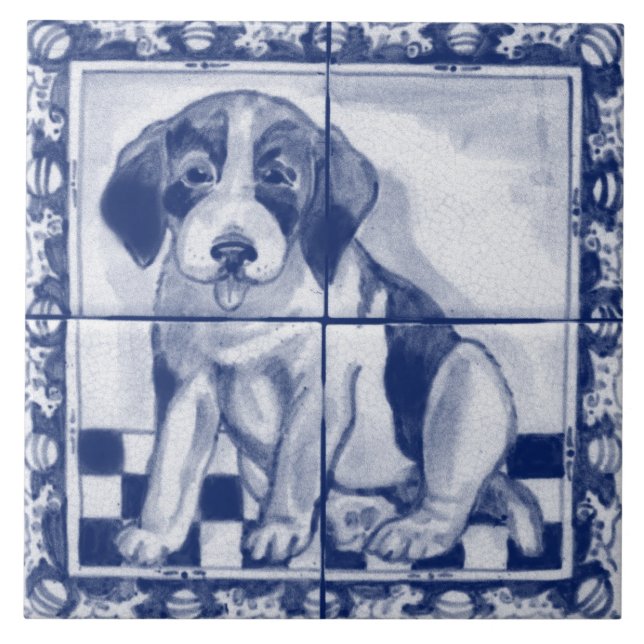 Cute Puppy Dog Blue White Dedham Delft Trivet (Front)
