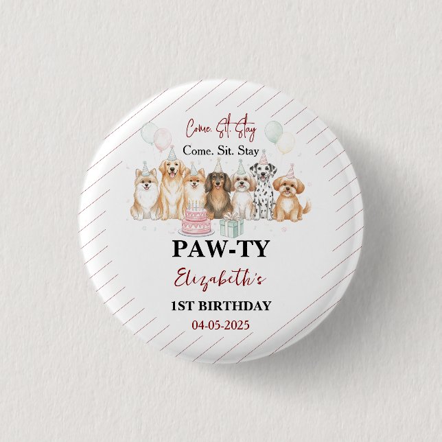 Cute Puppy Dog Boy 1st Birthday | Pawty Time First 1 Inch Round Button (Front)