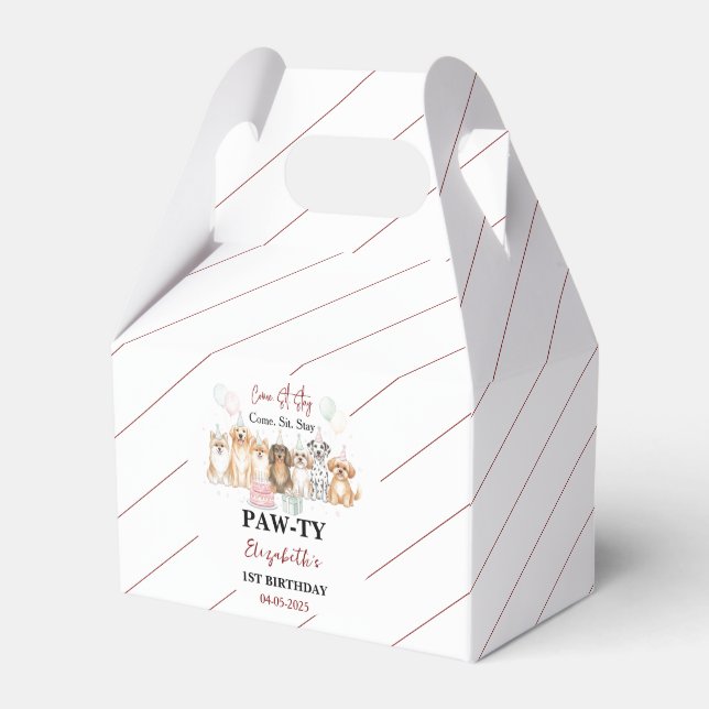 Cute Puppy Dog Boy 1st Birthday | Pawty Time First Favor Box (Front Side)