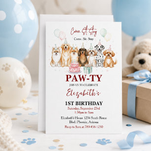Cute Puppy Dog Boy 1st Birthday Pawty Time First Invitation