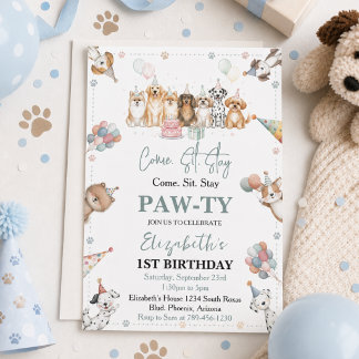 Cute Puppy Dog Boy 1st Birthday | Pawty Time First Invitation