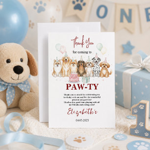 Cute Puppy Dog Boy 1st Birthday   Pawty Time First Thank You Card