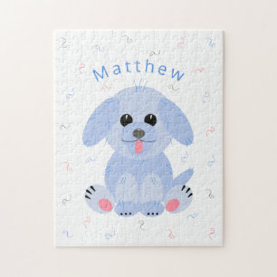 Cute Puppy Dog Cartoon Blue Personalized Jigsaw Puzzle