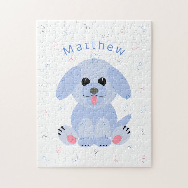 Cute Puppy Dog Cartoon Blue Personalized Jigsaw Puzzle (Vertical)