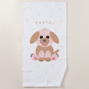 Cute Puppy Dog Cartoon Personalized Neutral Pastel Beach Towel