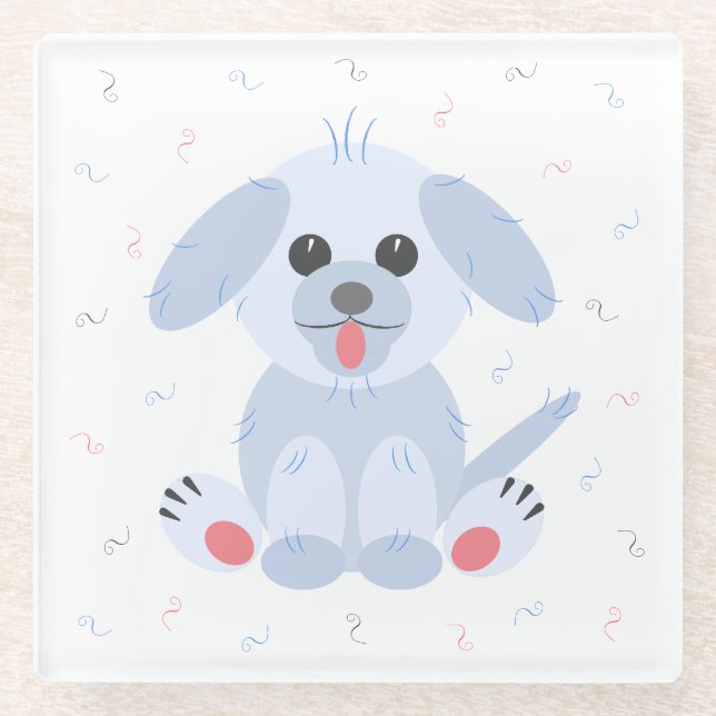 Cute Puppy Dog Cartoon Simple Pink Pastel Grey Glass Coaster (Front)