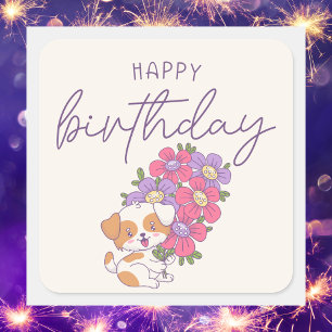Cute Puppy Dog Colourful Flowers Happy Birthday Square Sticker