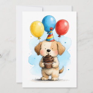 Cute Puppy Dog & Cupcake Kid's Happy Birthday Flat Card
