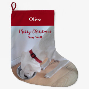 Cute Puppy Dog Drinking Water Red Christmas Large  Stocking