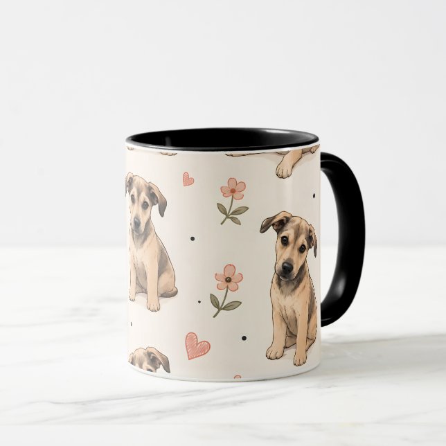 Cute Puppy Dog Floral Pattern with Hearts Mug (Front Right)