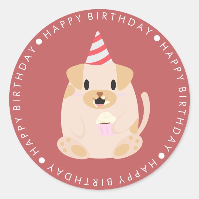 Cute Puppy Dog Happy Birthday Classic Round Sticker (Front)