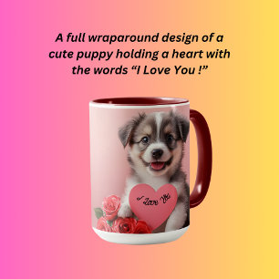 Cute puppy dog holding a heart  mug