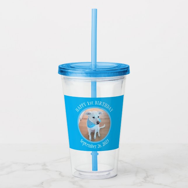 Cute Puppy Dog in Blue Scarf Happy 1st Birthday Acrylic Tumbler (Front)