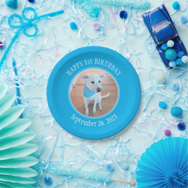 Cute Puppy Dog in Blue Scarf Happy 1st Birthday Paper Plate (Party)